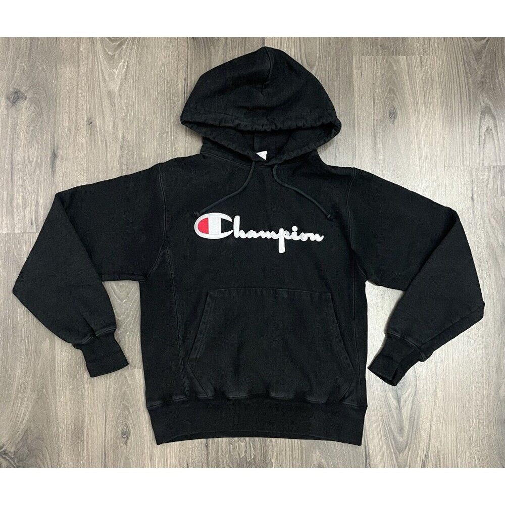 Champion Reverse Weave Sweatshirt Black Small Spell Out Hoodie Hood - Fade